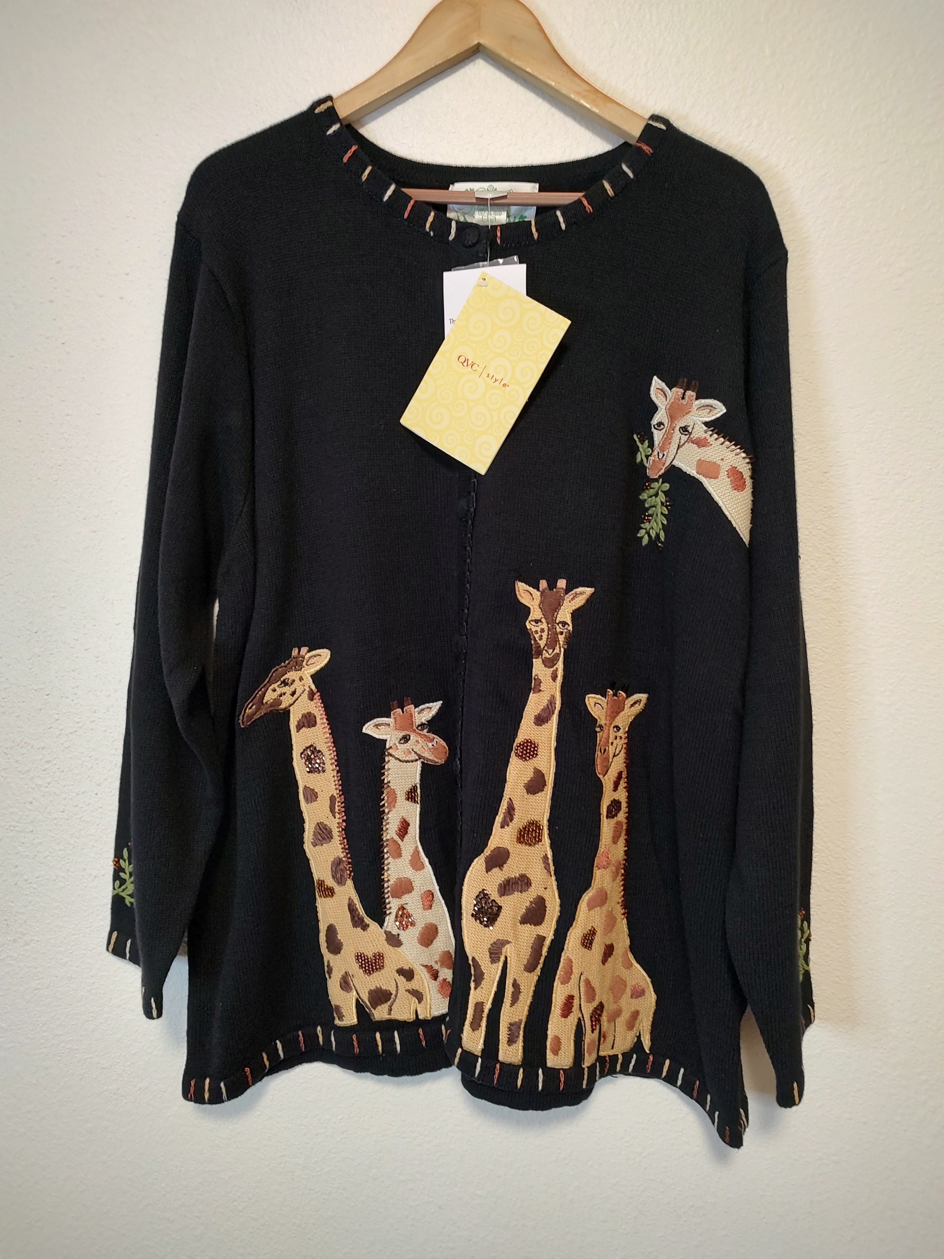 Quacker Factory Black Giraffe Long Sleeve Button Front Embroidered Sweater 2x